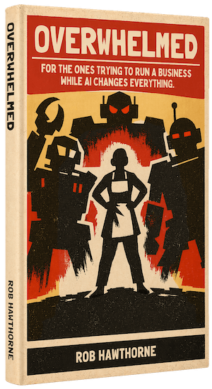 The book, "Overwhelmed: For The Ones Trying To Run A Business While AI Changes Everything" written by Rob Hawthorne, cover.